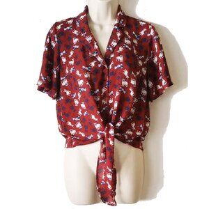Monteau Dog Print Tie-Front Blouse S Midriff Shirt Dark Red Blue White